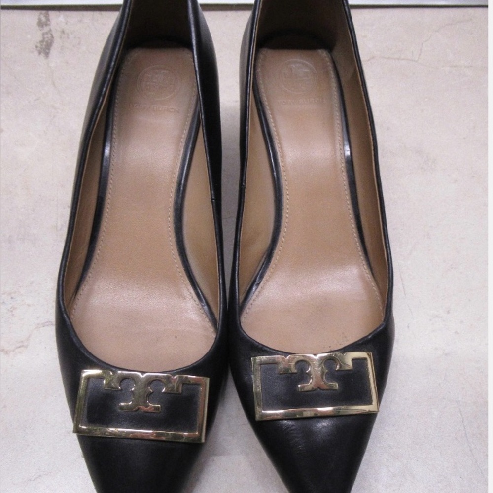 Tory Burch Black Georgia Leather Heels with Gold Accent 9